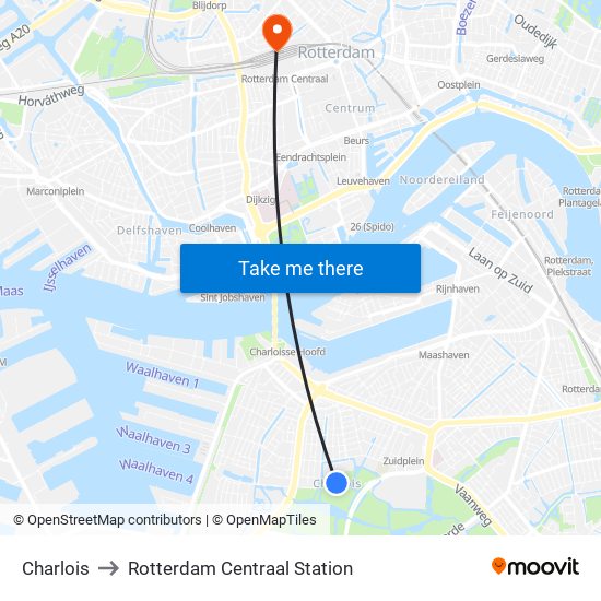 Charlois to Rotterdam Centraal Station map