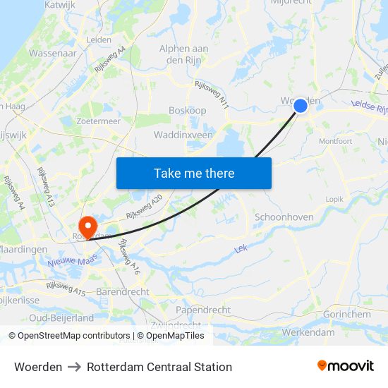 Woerden to Rotterdam Centraal Station map