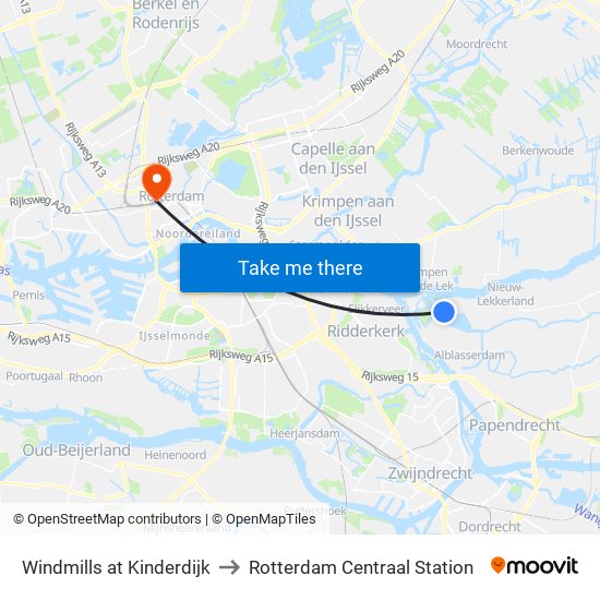 Windmills at Kinderdijk to Rotterdam Centraal Station map