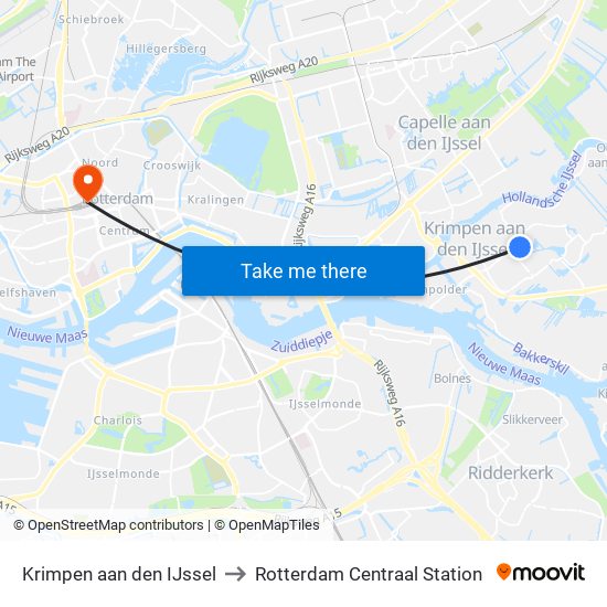 Krimpen aan den IJssel to Rotterdam Centraal Station map