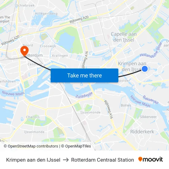 Krimpen aan den IJssel to Rotterdam Centraal Station map