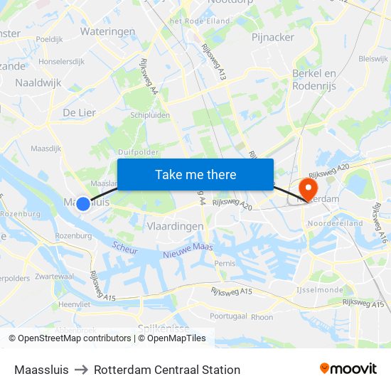 Maassluis to Rotterdam Centraal Station map