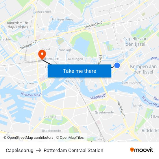 Capelsebrug to Rotterdam Centraal Station map