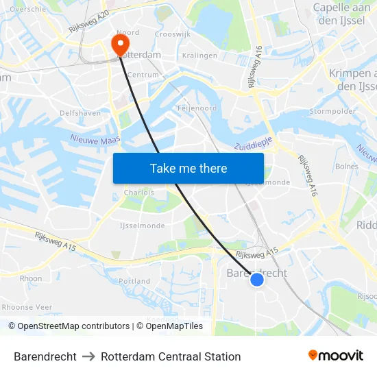 Barendrecht to Rotterdam Centraal Station map