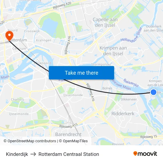 Kinderdijk to Rotterdam Centraal Station map
