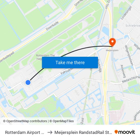 Rotterdam Airport RTM to Meijersplein RandstadRail Station map