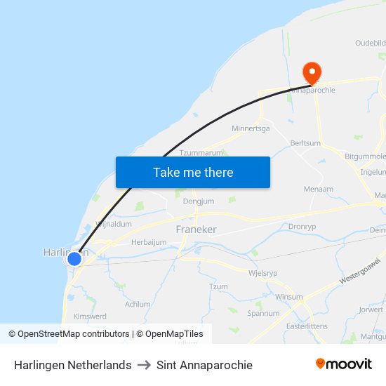 Harlingen Netherlands to Sint Annaparochie map