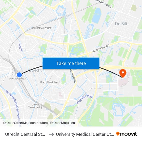 Utrecht Centraal Station to University Medical Center Utrecht map