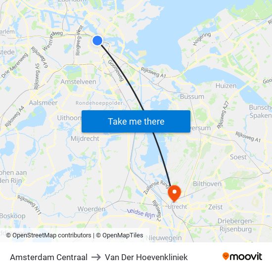 Amsterdam Centraal to Van Der Hoevenkliniek map