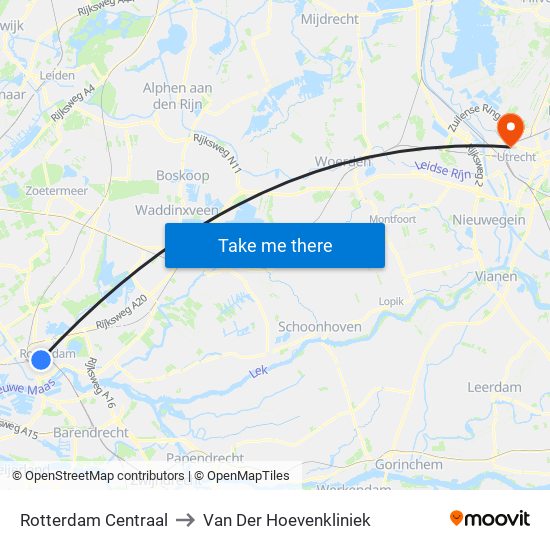 Rotterdam Centraal to Van Der Hoevenkliniek map