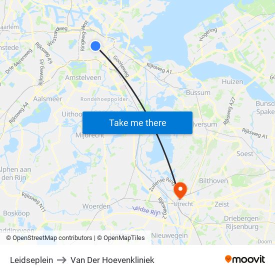 Leidseplein to Van Der Hoevenkliniek map