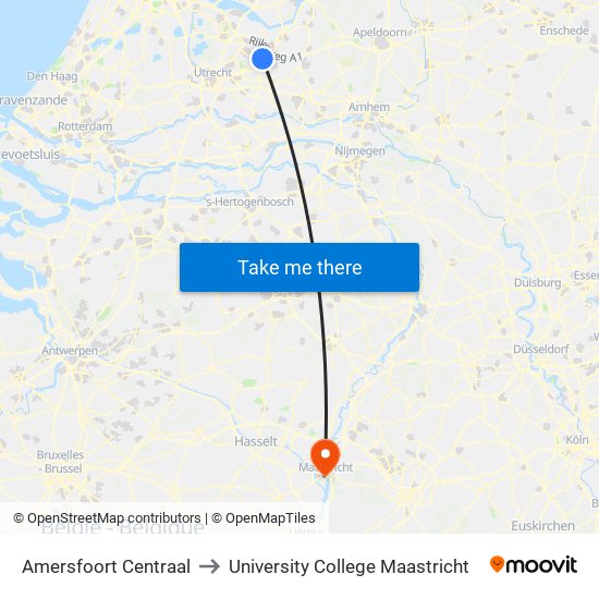 Amersfoort Centraal to University College Maastricht map