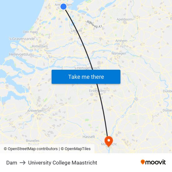 Dam to University College Maastricht map