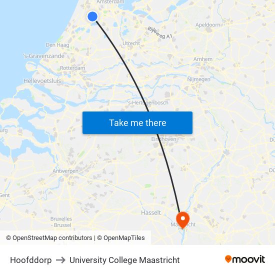 Hoofddorp to University College Maastricht map