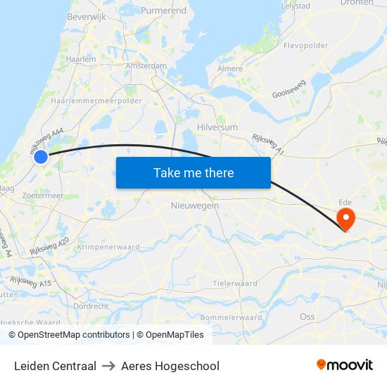 Leiden Centraal to Aeres Hogeschool map
