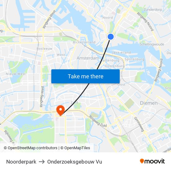 Noorderpark to Onderzoeksgebouw Vu map