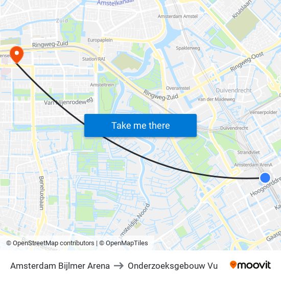 Amsterdam Bijlmer Arena to Onderzoeksgebouw Vu map