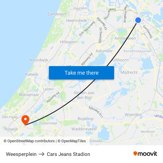 Weesperplein to Cars Jeans Stadion map