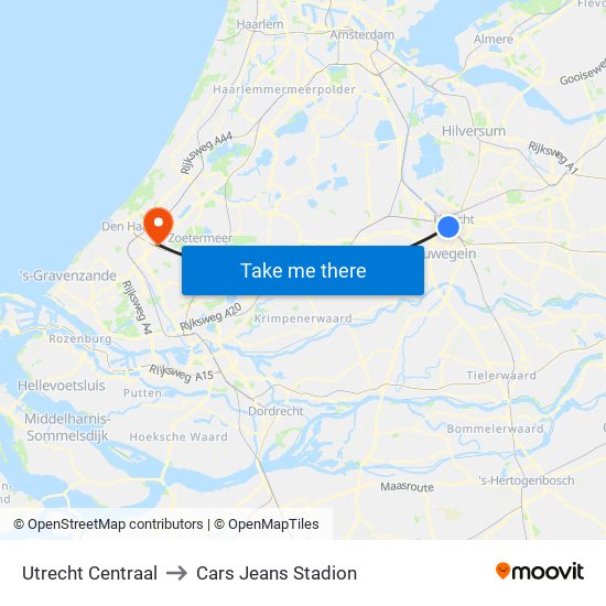 Utrecht Centraal to Cars Jeans Stadion map