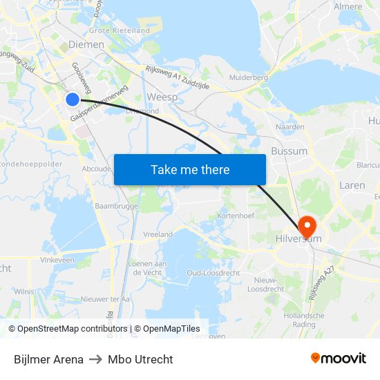 Bijlmer Arena to Mbo Utrecht map