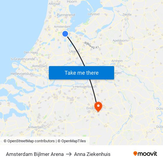 Amsterdam Bijlmer Arena to Anna Ziekenhuis map