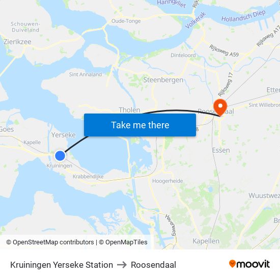Kruiningen Yerseke Station to Roosendaal map