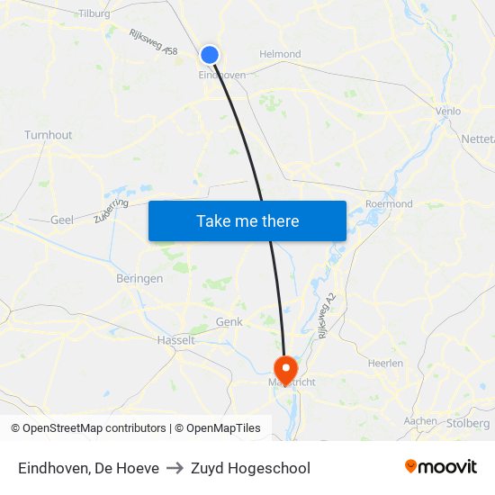 Eindhoven, De Hoeve to Zuyd Hogeschool map