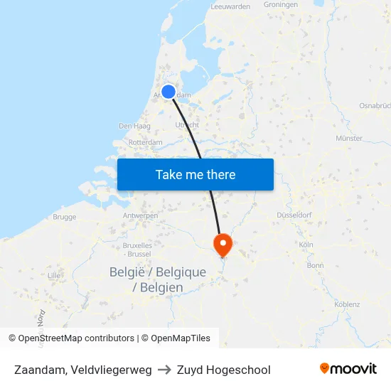 Zaandam, Veldvliegerweg to Zuyd Hogeschool map