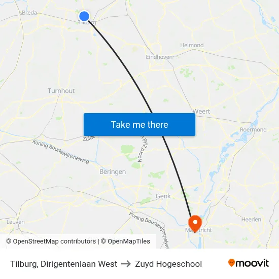 Tilburg, Dirigentenlaan West to Zuyd Hogeschool map