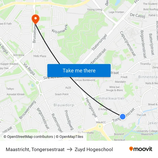 Maastricht, Tongersestraat to Zuyd Hogeschool map
