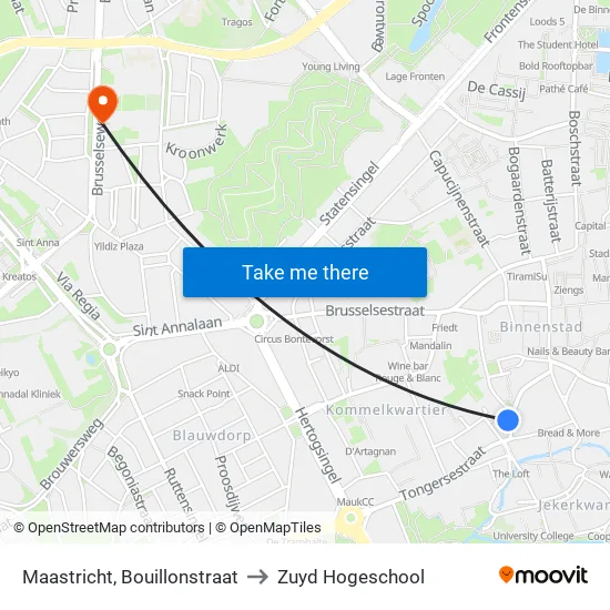 Maastricht, Bouillonstraat to Zuyd Hogeschool map