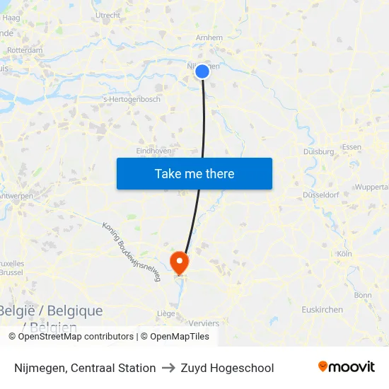 Nijmegen, Centraal Station to Zuyd Hogeschool map