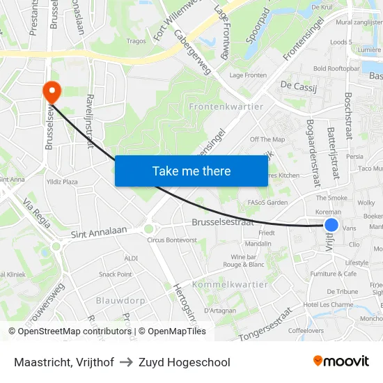 Maastricht, Vrijthof to Zuyd Hogeschool map