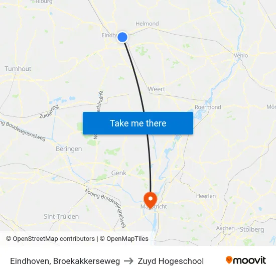Eindhoven, Broekakkerseweg to Zuyd Hogeschool map