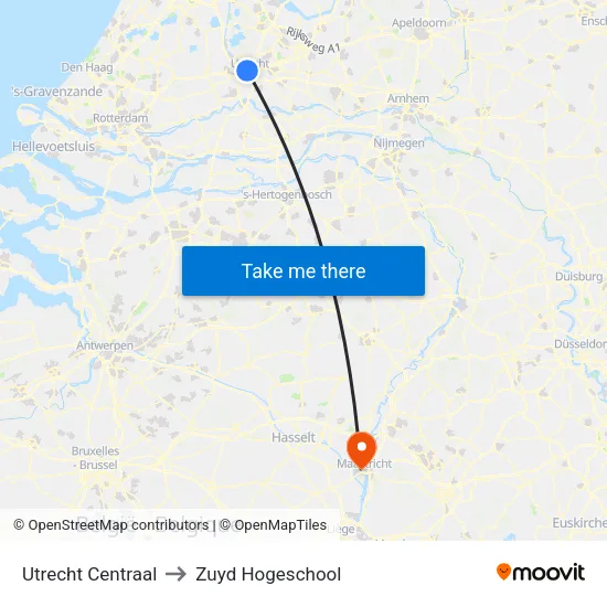 Utrecht Centraal to Zuyd Hogeschool map