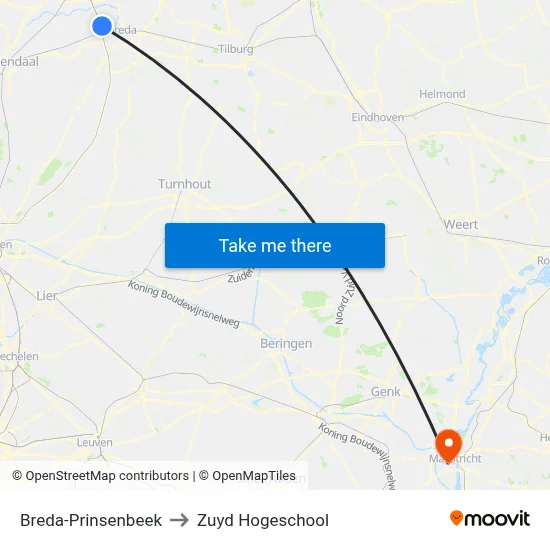 Breda-Prinsenbeek to Zuyd Hogeschool map
