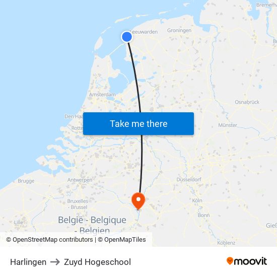 Harlingen to Zuyd Hogeschool map