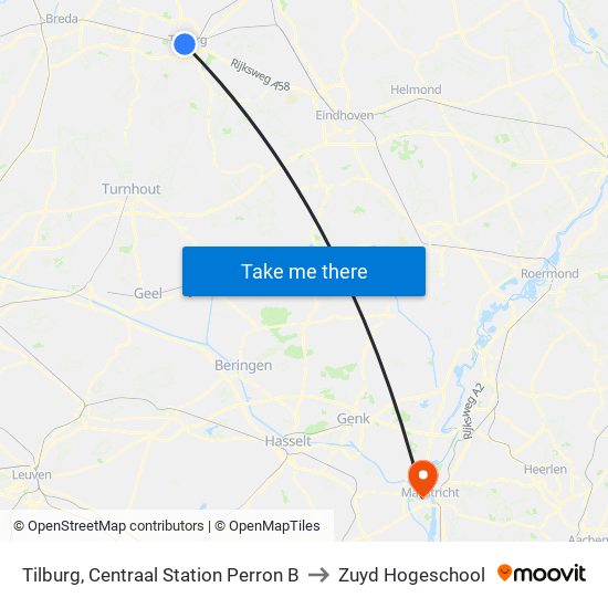 Tilburg, Centraal Station Perron B to Zuyd Hogeschool map