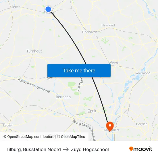 Tilburg, Busstation Noord to Zuyd Hogeschool map