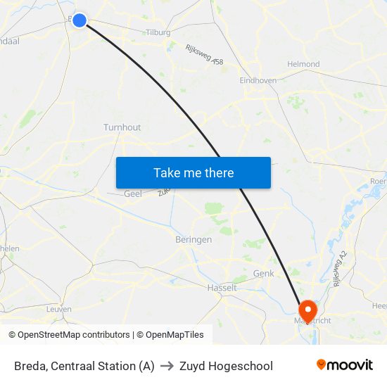 Breda, Centraal Station (A) to Zuyd Hogeschool map