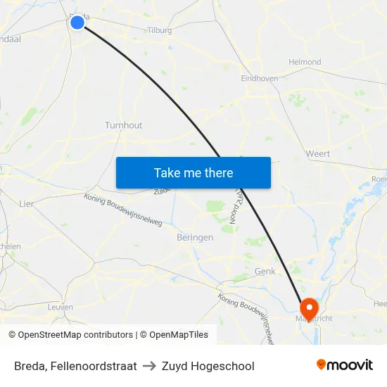 Breda, Fellenoordstraat to Zuyd Hogeschool map