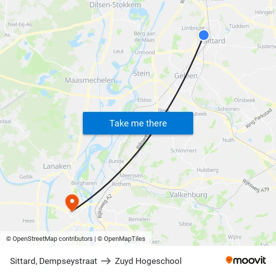 Sittard, Dempseystraat to Zuyd Hogeschool map