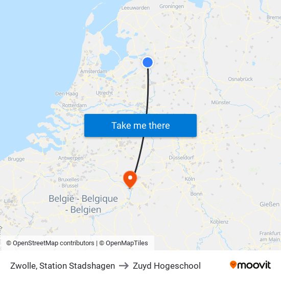 Zwolle, Station Stadshagen to Zuyd Hogeschool map