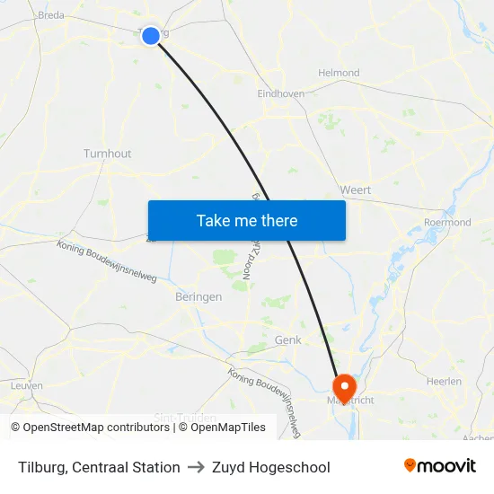 Tilburg, Centraal Station to Zuyd Hogeschool map