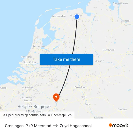 Groningen, P+R Meerstad to Zuyd Hogeschool map