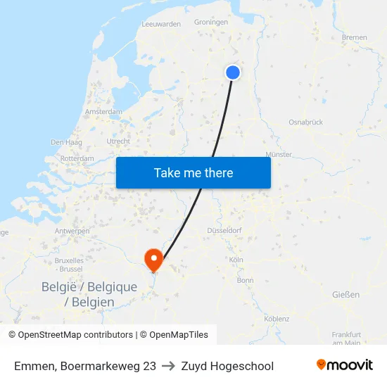 Emmen, Boermarkeweg 23 to Zuyd Hogeschool map