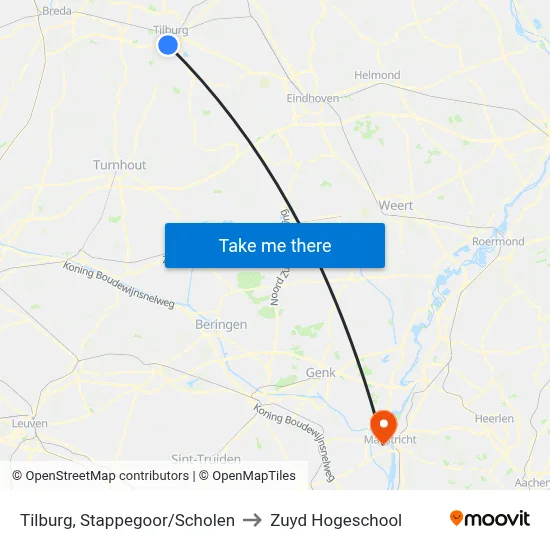 Tilburg, Stappegoor/Scholen to Zuyd Hogeschool map