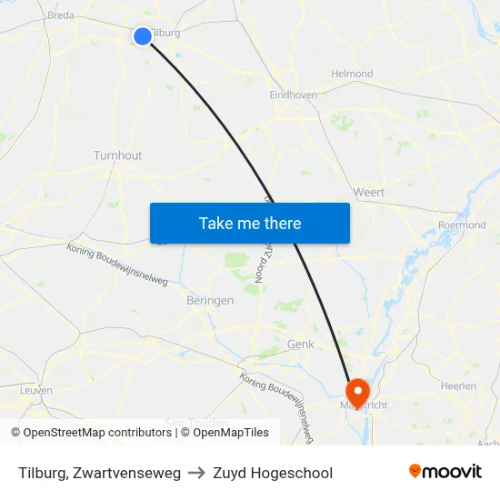 Tilburg, Zwartvenseweg to Zuyd Hogeschool map