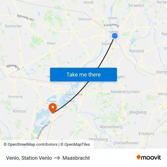 Venlo, Station Venlo to Maasbracht map