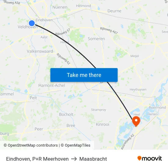 Eindhoven, P+R Meerhoven to Maasbracht map